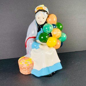 F&E CERAMICS Old Woman Balloons Flower Basket Ceramic Painted